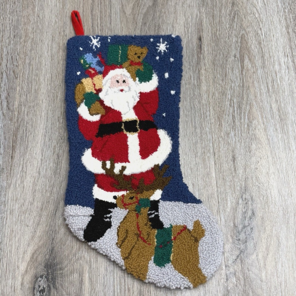 Vintage Hooked Wool Christmas Stocking Classic 70s Nostalgia Santa Reindeer